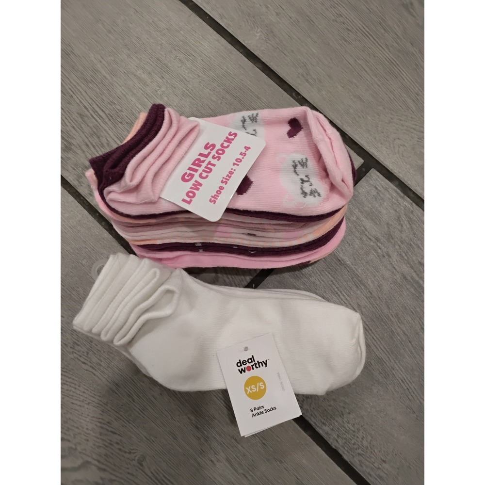 18 Pairs Girls‎ Low Cut and Ankle Socks Pink Purple White Shoe Size 10.5-4 XS/S